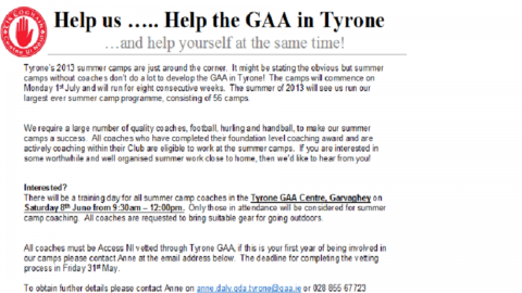 Are you Interested in Coaching at the 2013 Tyrone Summer Camps?